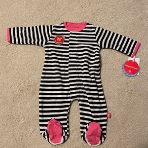 Magnetic Me Velour black and White Striped Footie with Pink Details